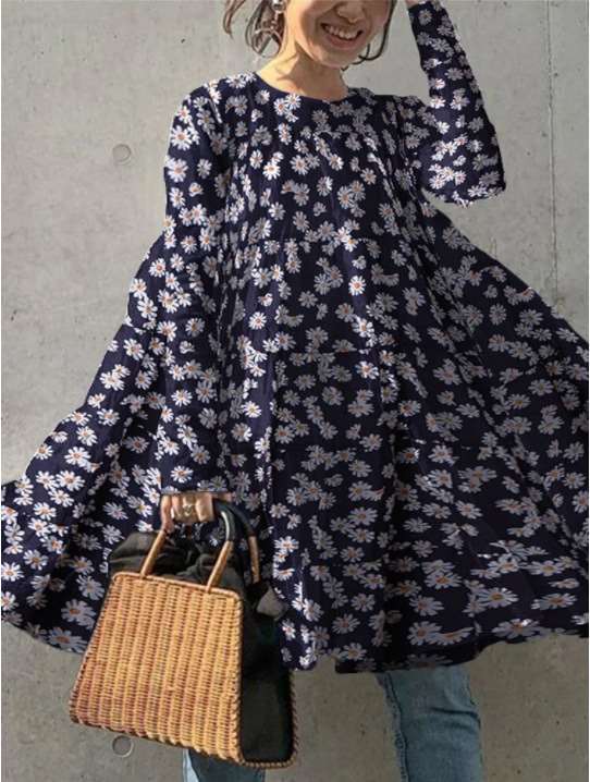 Casual Loose Daisy print Round neck Long sleeve Shift Dresses