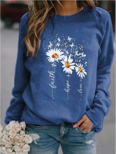 Round Neck Sunflower Print Long Sleeve Sweatshirts