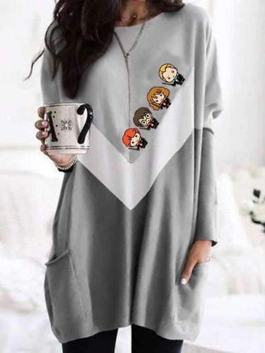 Casual Loose Gored Print Round neck Long sleeve Shift Dresses