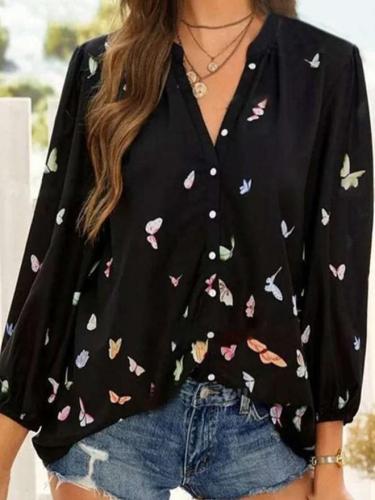 Casual Loose Butterfly print V neck Long sleeve Blouses