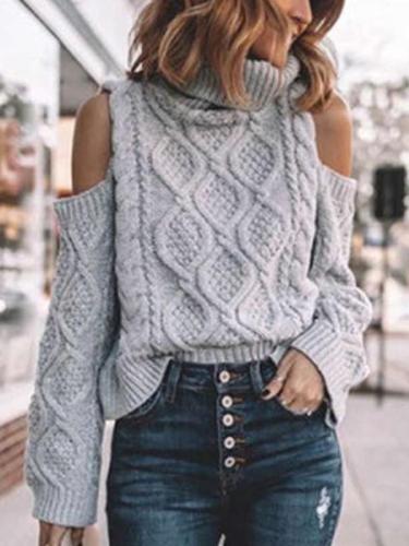 Fashion Pure Off shoulder High collar Long sleeve Crochet Knit Sweaters