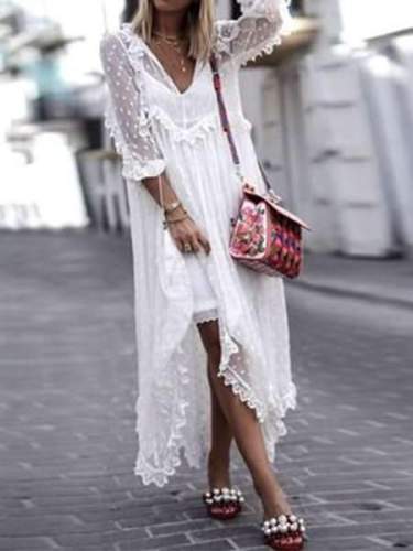 Stylish Casual Lace Gored V neck Long sleeve Maxi Dresses