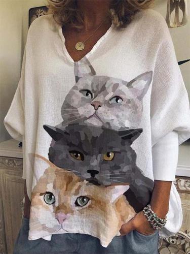 V neck cat printed women long sleeve casual blouses