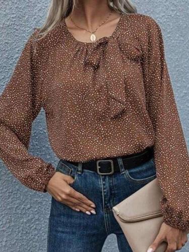 Fashion Point print Bowknot Round neck Long sleeve Blouses