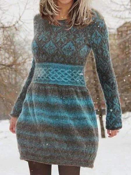 Fashion Print Round neck Long sleeve Sweater Skater Dresses