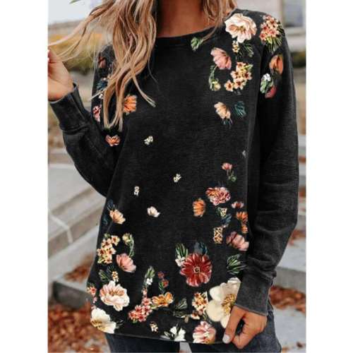 Loose Floral print Round neck Long sleeve T-Shirts