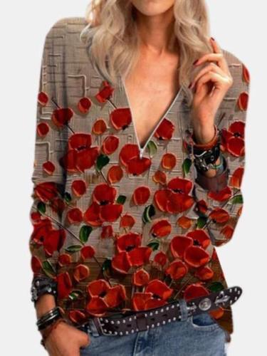 Fashion Floral print Zipper V neck Long sleeve T-Shirts