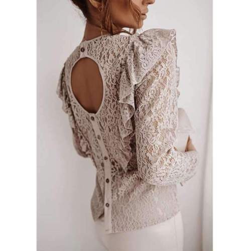 Stylish Lace Hollow out Round neck Long sleeve Blackless Falbala Blouses