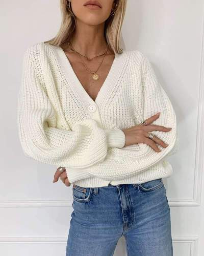 Casual Pure V neck Puff sleeve Knit Sweaters Cardigan
