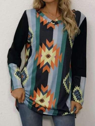 Casual Stripe Floral print V neck Long sleeve T-Shirts