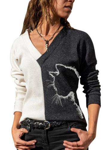 V neck women cat printed fashion long sleeve sweaters