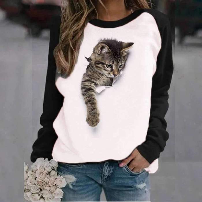 Casual Cat print Round neck Long sleeve Gored T-Shirts