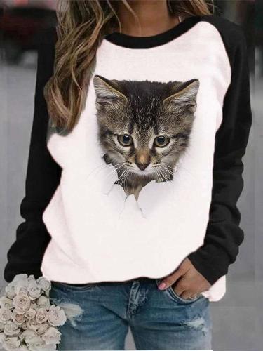 Casual Cat print Round neck Long sleeve Gored T-Shirts