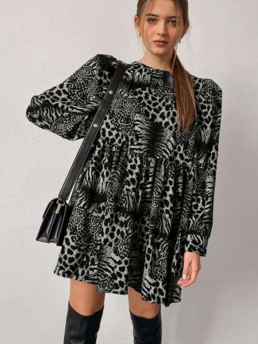 Casual Loose Leopard print Round neck Long sleeve Shift Dresses