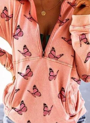Fashion Casual Butterfly print Zipper V neck Long sleeve Sweatshirts
