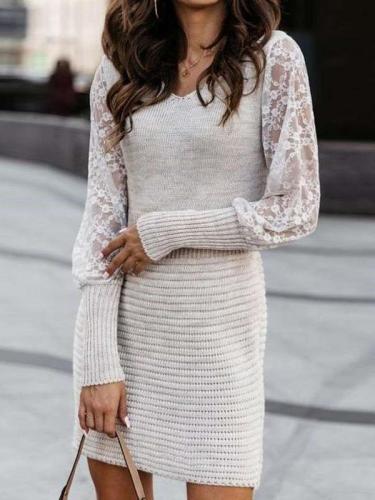 Fashion Pure Lace Gored V neck Long sleeve Knit Skater Dresses