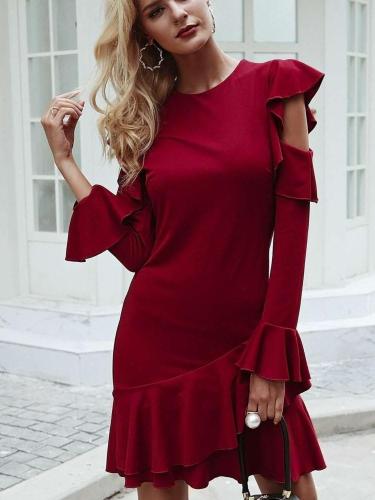 Sexy Pure Round neck Off shoulder Long sleeve Falbala Bodycon Dresses