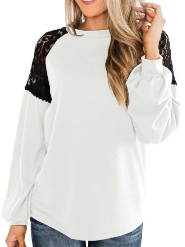 Casual Lace Gored Round neck Long sleeve T-Shirts