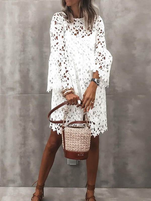 Sexy elegant women white two pieces hollow out shift dresses