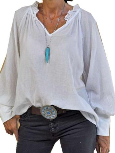 Casual Loose Pure V neck Long sleeve Blouses