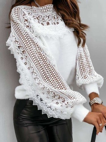 Casual Loose Pure Lace Hollow out Round neck Long sleeve T-Shirts