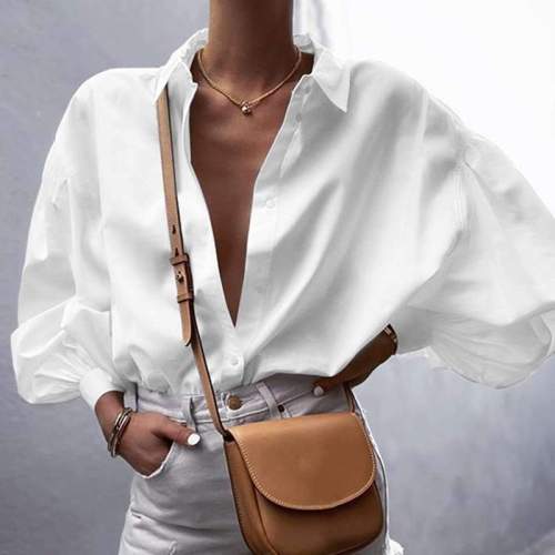 Women Casual Pure Lapel Puff sleeve Blouses