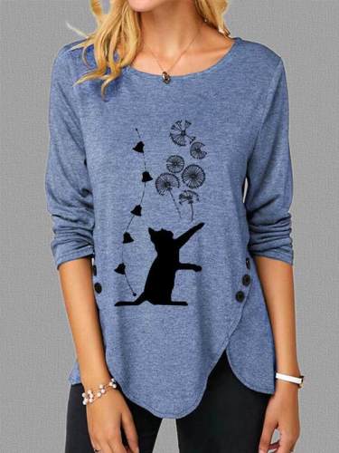 Spring cat squint print side button long sleeve casual ladies T-shirts
