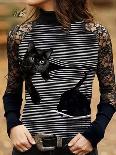 Fashion Lace Gored Cat print Half high collar Long sleeve T-Shirts