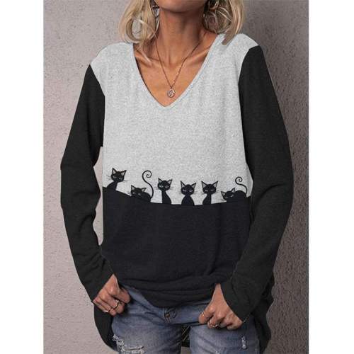 Casual Loose Gored Cat print V neck Long sleeve T-Shirts