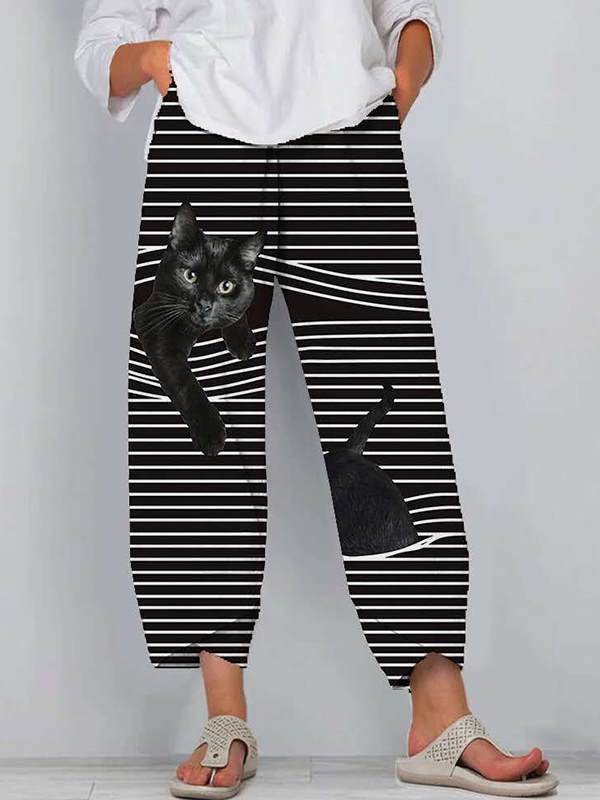 Women cat print stripe casual fashion street style long pants
