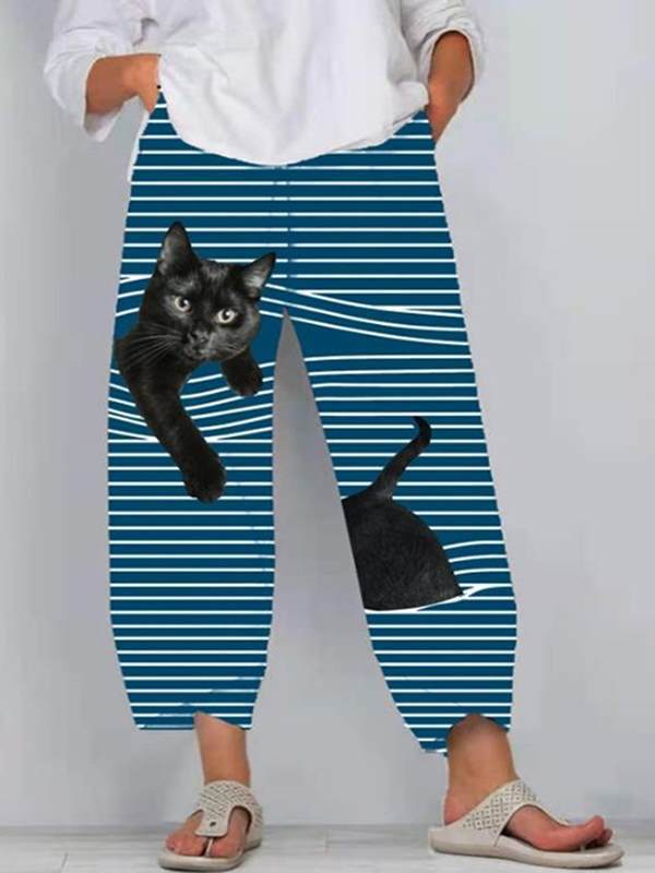 Women cat print stripe casual fashion street style long pants