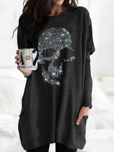 Women diamond decoration skull pattern loose long sleeve T-shirts