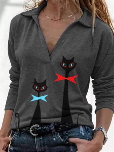 Casual Cat print V neck Long sleeve T-Shirts