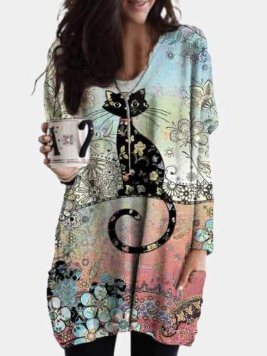 Women bohemia cute cat printed colorful long sleeve shift dresses