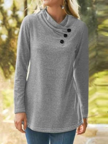 Casual Pure V neck Fastener Long sleeve T-Shirts