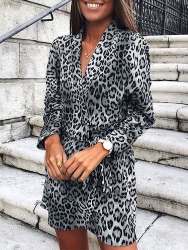 Stylish Leopard print Lapel Long sleeve Lacing Irregular Shift Dresses