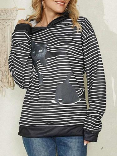 Casual Stripe Cat print Long sleeve Hoodies Sweatshirts
