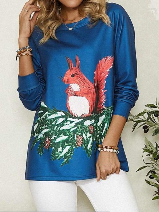 Casual Squirrel print Round neck Long sleeve T-Shirts