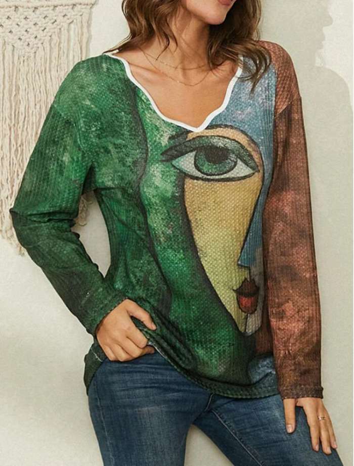 Women Abstract printing V neck Long sleeve T-Shirts