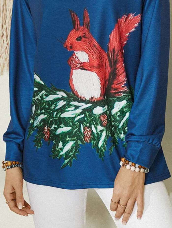 Casual Squirrel print Round neck Long sleeve T-Shirts