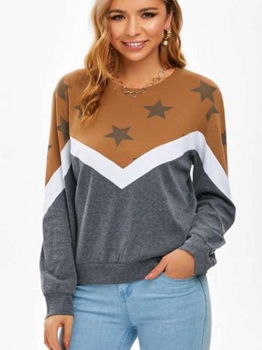 Fashion Star print Gored Round neck Long sleeve T shirt Sweatshirts