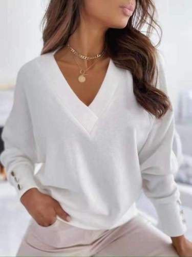 Pure V neck Long sleeve Knit Sweaters
