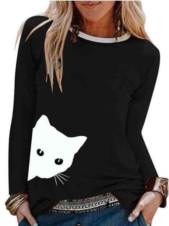 Fashion Cat print Round neck Long sleeve T-Shirts