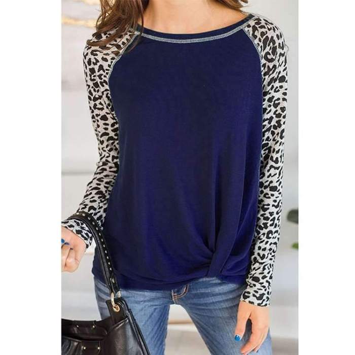 Women Round neck Gored Leopard print Long sleeve T-Shirts
