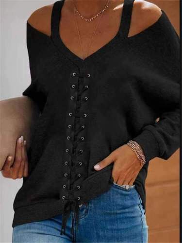 Fashion Casual Pure Off shoulder Long sleeve Lacing T-Shirts
