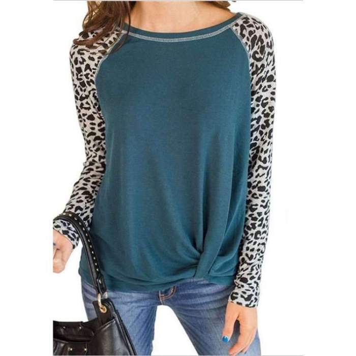 Women Round neck Gored Leopard print Long sleeve T-Shirts