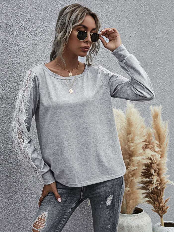 Solid color loose round neck long sleeve top lace t-shirt