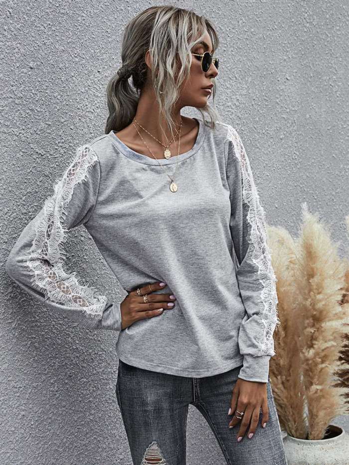 Solid color loose round neck long sleeve top lace t-shirt