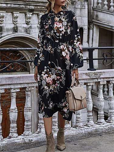 Stylish Casual Floral print Round neck Long sleeve Skater Dresses