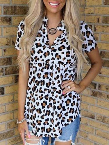 Fashion Leopard print V neck Short sleeve T-Shirts